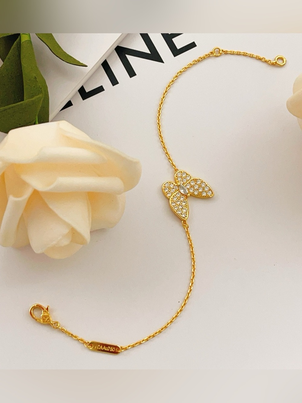 Van Cleef & Arpels Gold Butterfly Bracelet with Crystal Accents